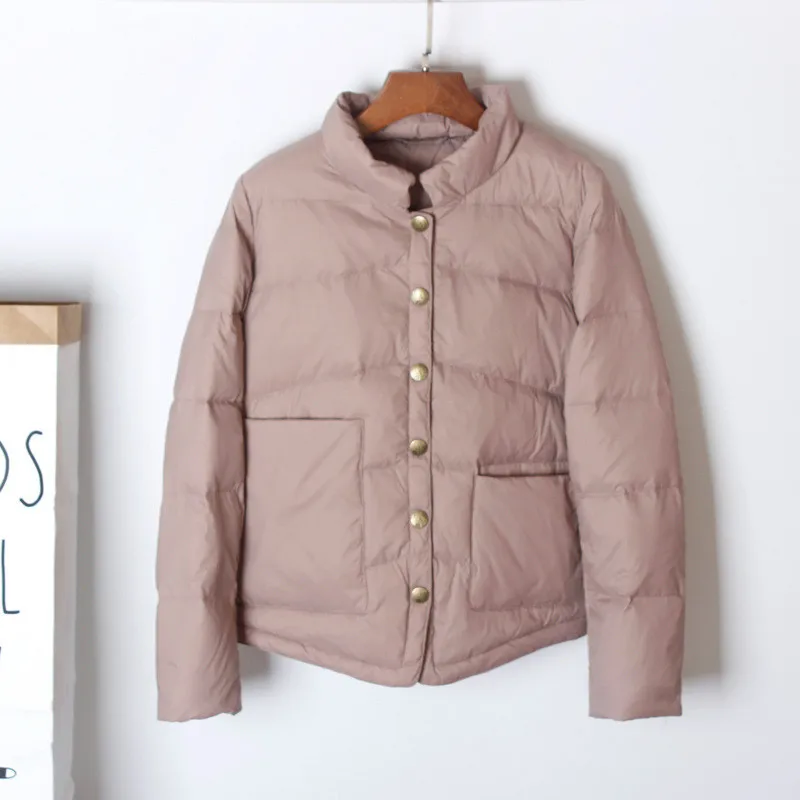 Slim Puffer Jacket Autumn Winter Women Short Pocket Solid Colors Ultra Light Duck Down Coat Oversize Parkas with Single Breasted
