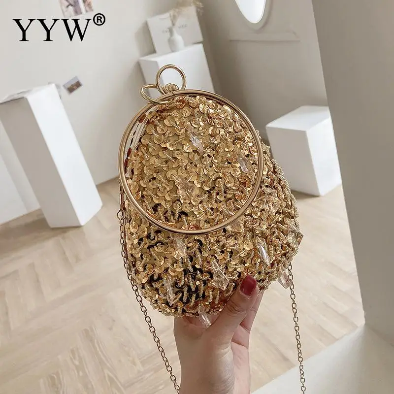 

Sequined Handbags For Women 2022 Gold Beads Chain Crossbody Bag Over Shoulder Purse Evening Bag Wedding Banquet Luxury Clutch
