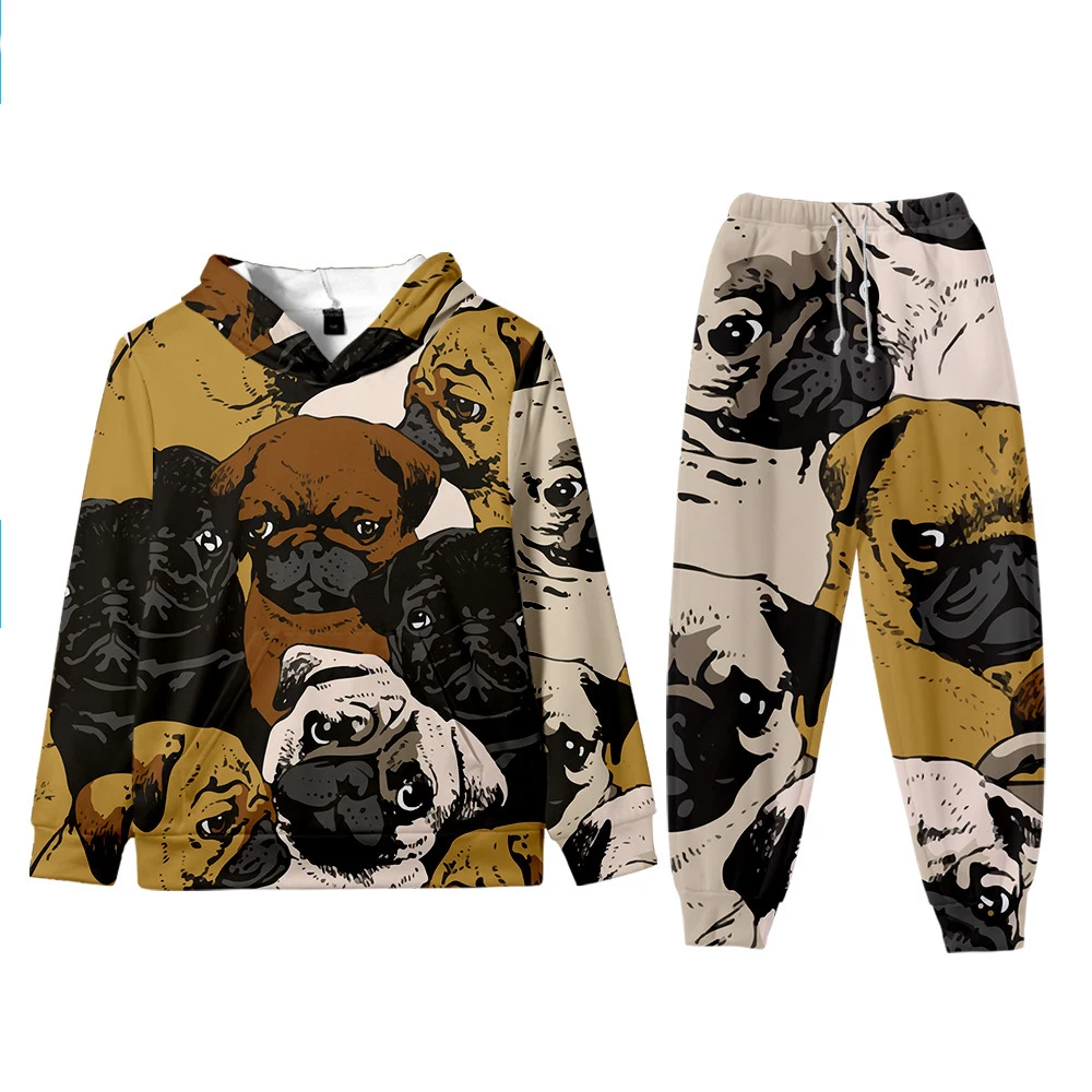 

New Fashion 3D Funny Pug Hoodies and Pants Men Women Two Pieces Sets Boy Girls Long Sleeve Autumn Kids Animal Dog Hooded Suits