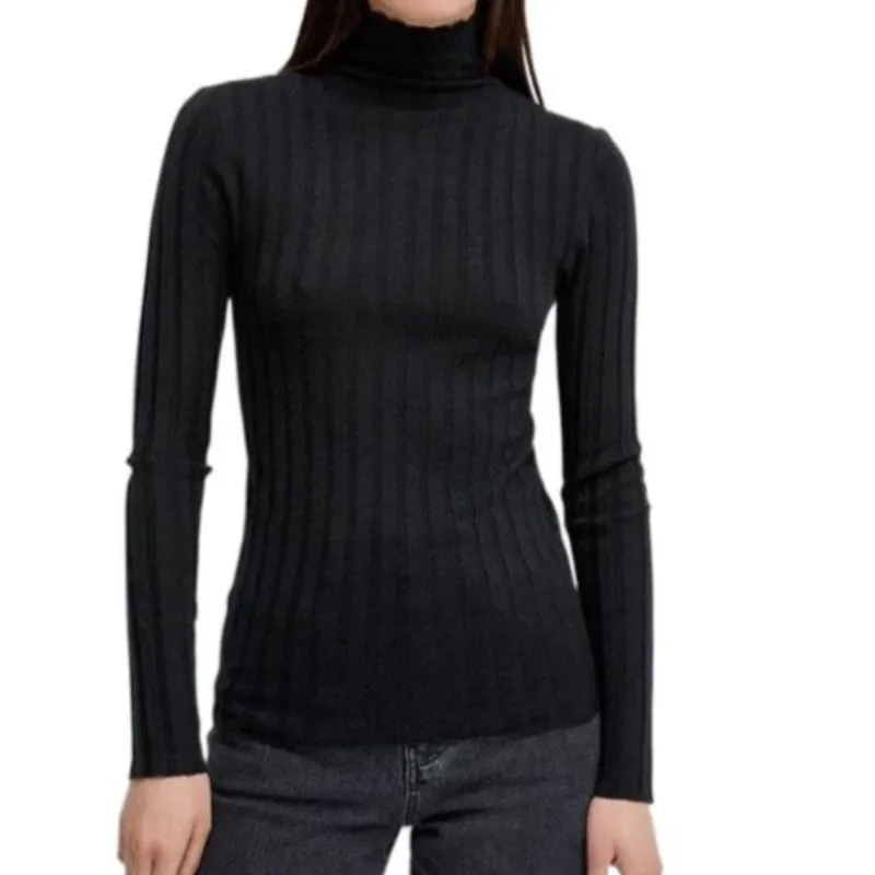 

Women Wool Silk Cashmere Sweater Korean Soft Waxy Vertical Stripes Stretch Warm Turtleneck Sweater Winter Fall Black Pullover