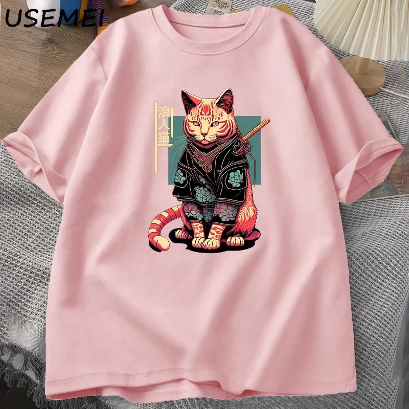 Футболка мужская с принтом самурайского кота милая хлопковая рубашка коротким