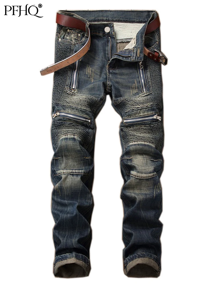 

PFHQ Autumn Trendy Straight Leg Men's Jeans Slim Punk Vintage Biker Motorcycle Casual Pants Fashion Patchwork Male Denim 21Q1481