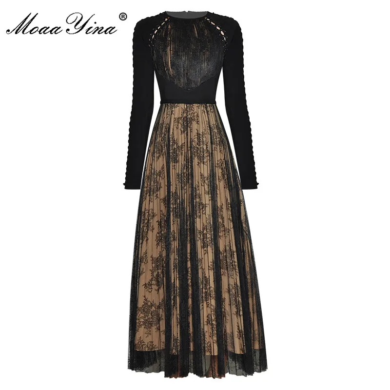 MoaaYina Fashion Designer dress Winter Spring Women Dress O-neck Long sleeve Patchwork Lace Pleated Vintage Black Party Dress