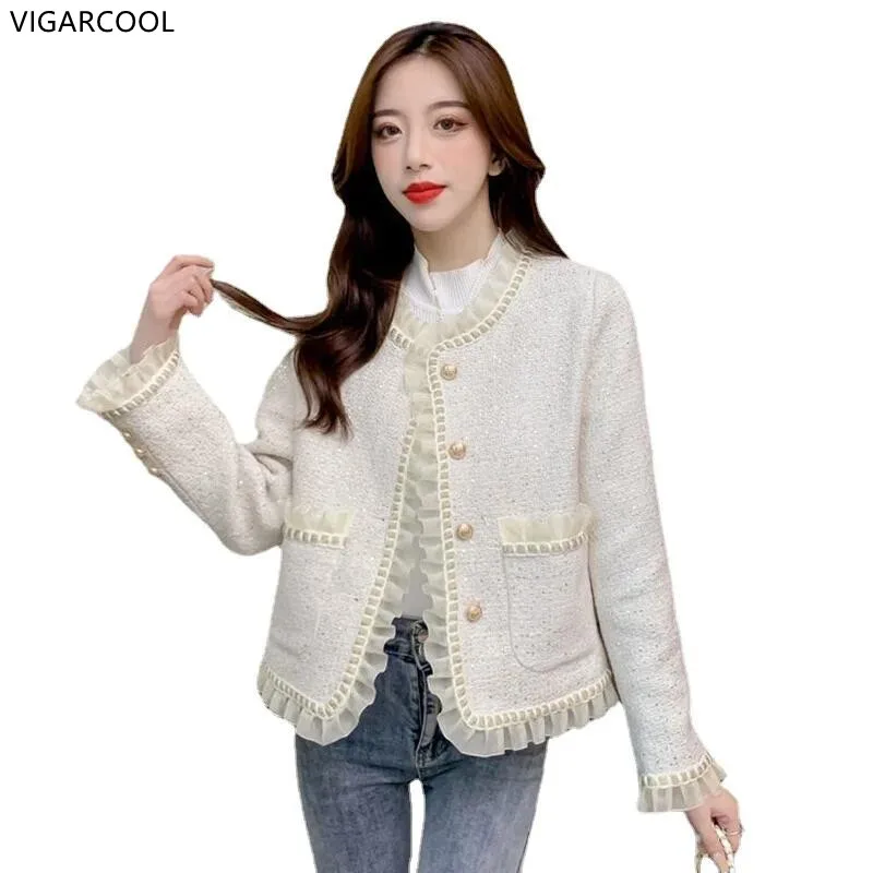 

Женская твидовая куртка с оборками, элегантная дизайнерская однобортная короткая куртка с блестками в Корейском стиле, 2022