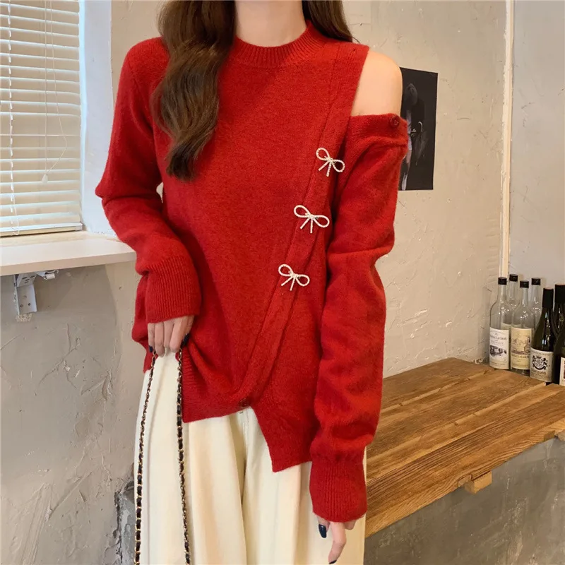 

2023 New Autumn And Winter Loose Long Sleeve Ouya Red Knitted Top Women's Gentle Fashion Base Sweater Female With Bow