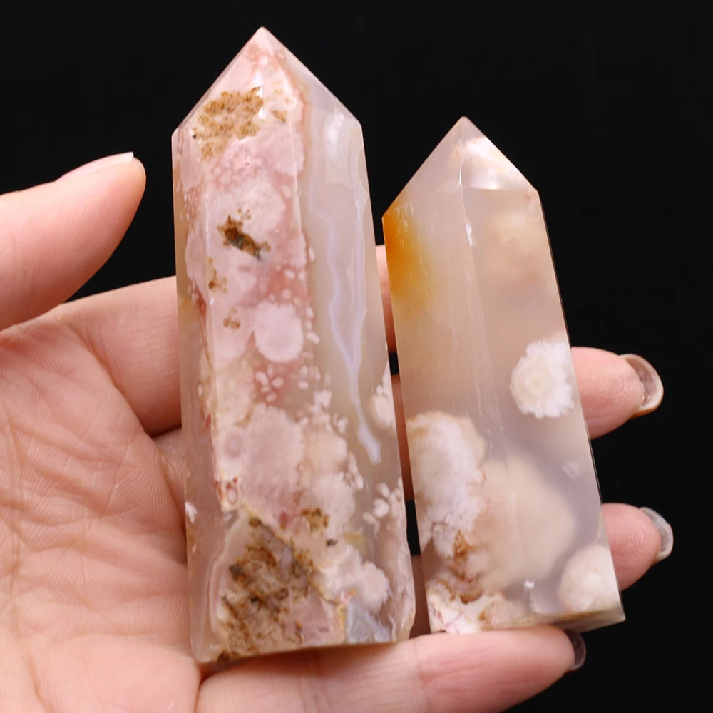 

Natural Stone Hexagonal Column Ornament Cherry Blossom Agate Tower Point Healing Reiki Energy Stone Collect Gift Home Decoration