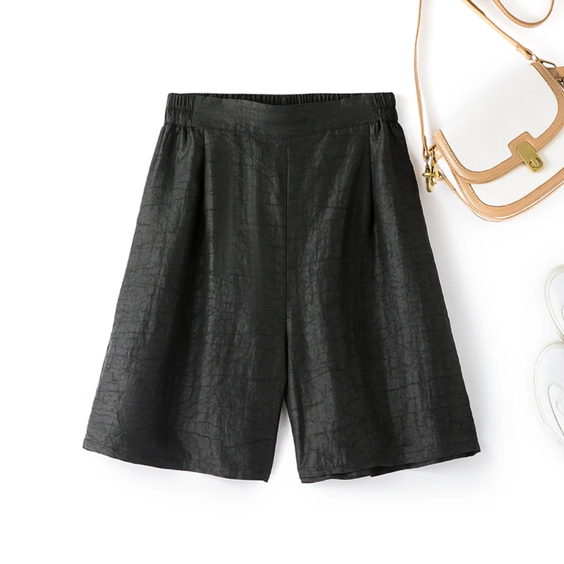 2023 Women's Fashion New Silk Fragrant Cloud Turtle Crack Loose Pocket Wide Leg Pants Mulberry Silk Casual Shorts
