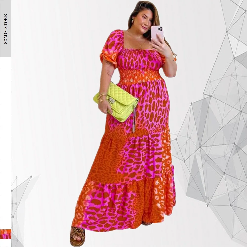 

Short Sleeve Maxi Dress Plus Size 4xl Women Clothing Fashion Square Collar Printed Chiffon Elegant Long Dersses Wholesale