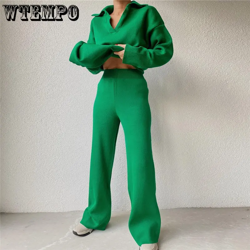 

Knitted Tracksuit Pant Sets V-neck Sweatshirts Fashion Women Clothing 2 Piece Set Autumn Winter Female Wide Leg Pants Suit