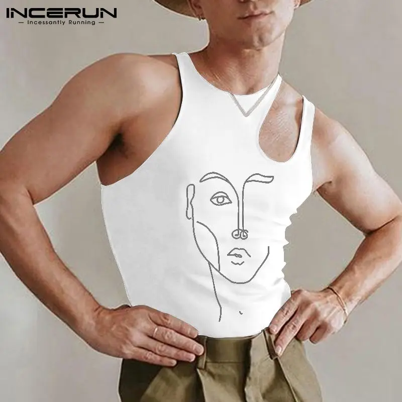 

INCERUN Fashion Men Tank Tops Printed O-neck Sleeveless Hollow Out 2022 Sexy Irregular Vests Men Streetwear Casual Tops S-5XL