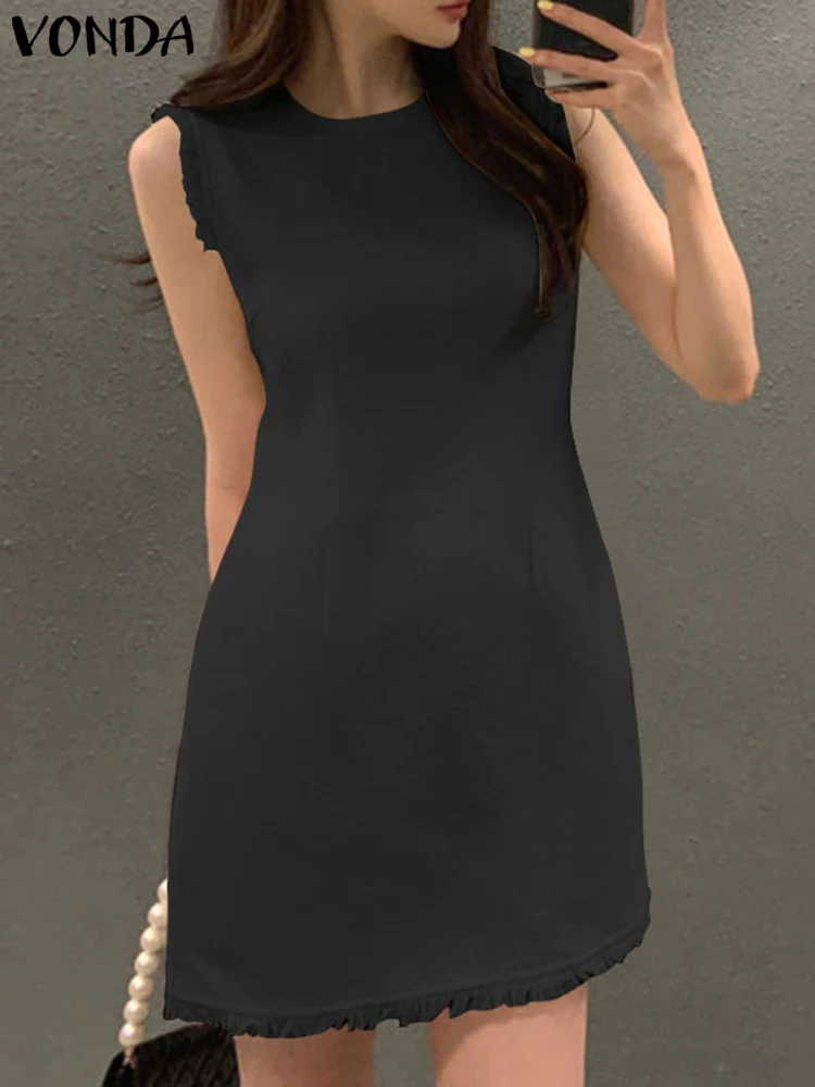 

Women's Fashion Sleeveless Dress 2022 VONDA Office Holiday Party Mini Dresses Summer Tunic Tank Vestidos Femininas Robe Femme