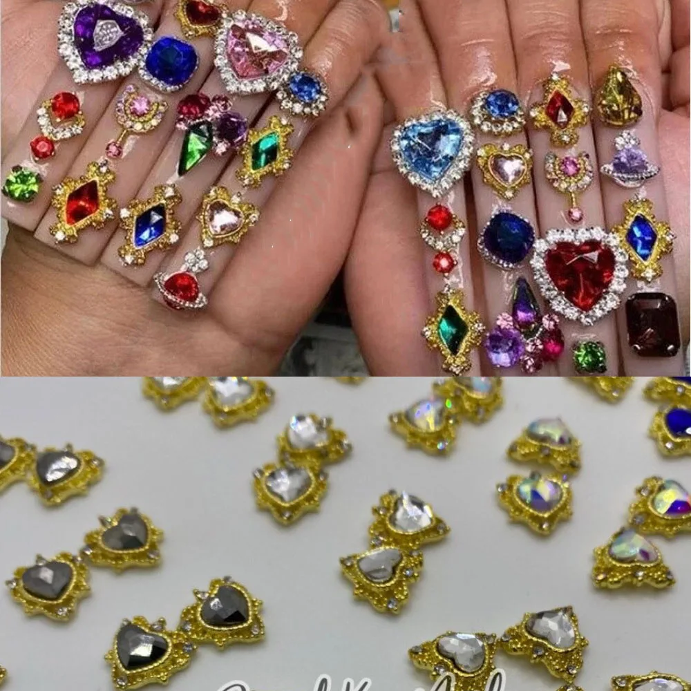 

10pcs Glass Crystal Nail Rhinestones Water Drop Stones Nail Decoration Rhombus/Heart Luxury Alloy Frame Nail Jewelry Charms KDL-