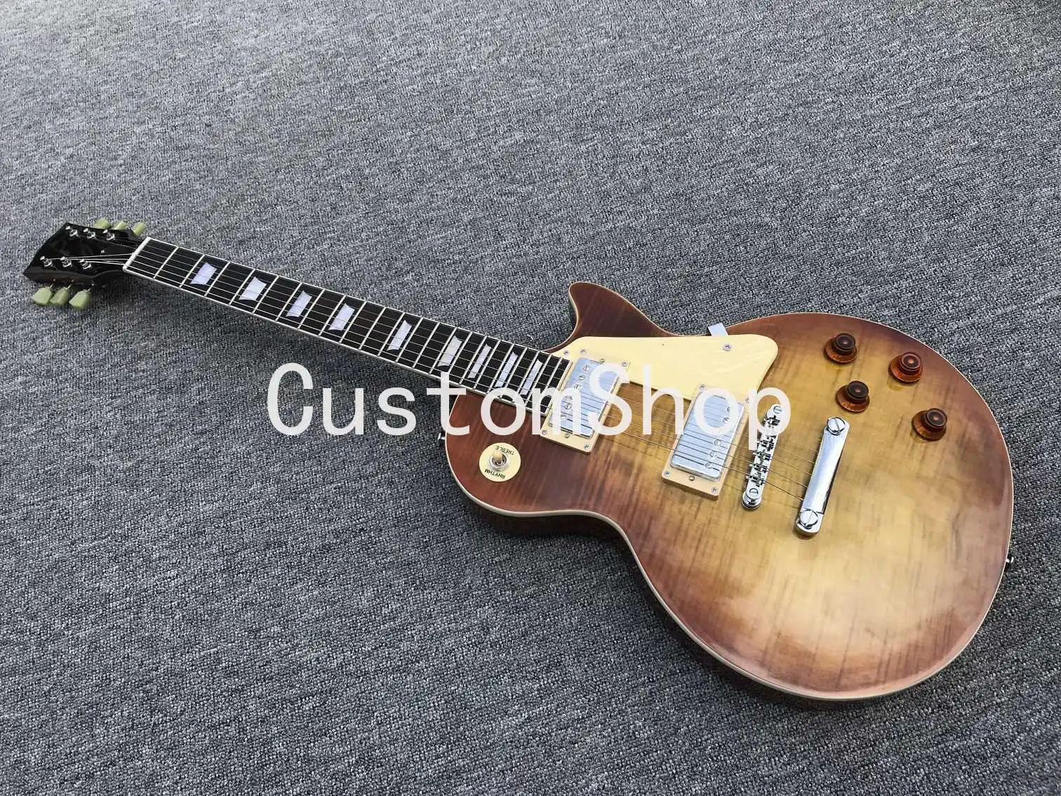 

1959 59 Reissue VOS Dark Tobacco Sunburst Tiger Flame Maple Top Electric Guitar One Piece Mahogany Body & Neck, Fatter Neck,