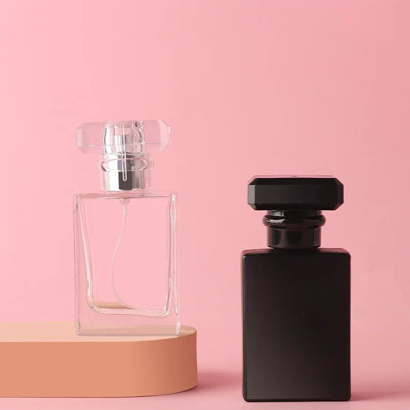 

30ml Perfume Bottle 50ml Square Clear Portable Black Lid Frosted Pressed Fine Spray 100ml Glass Aromatherapy Separate Bottle
