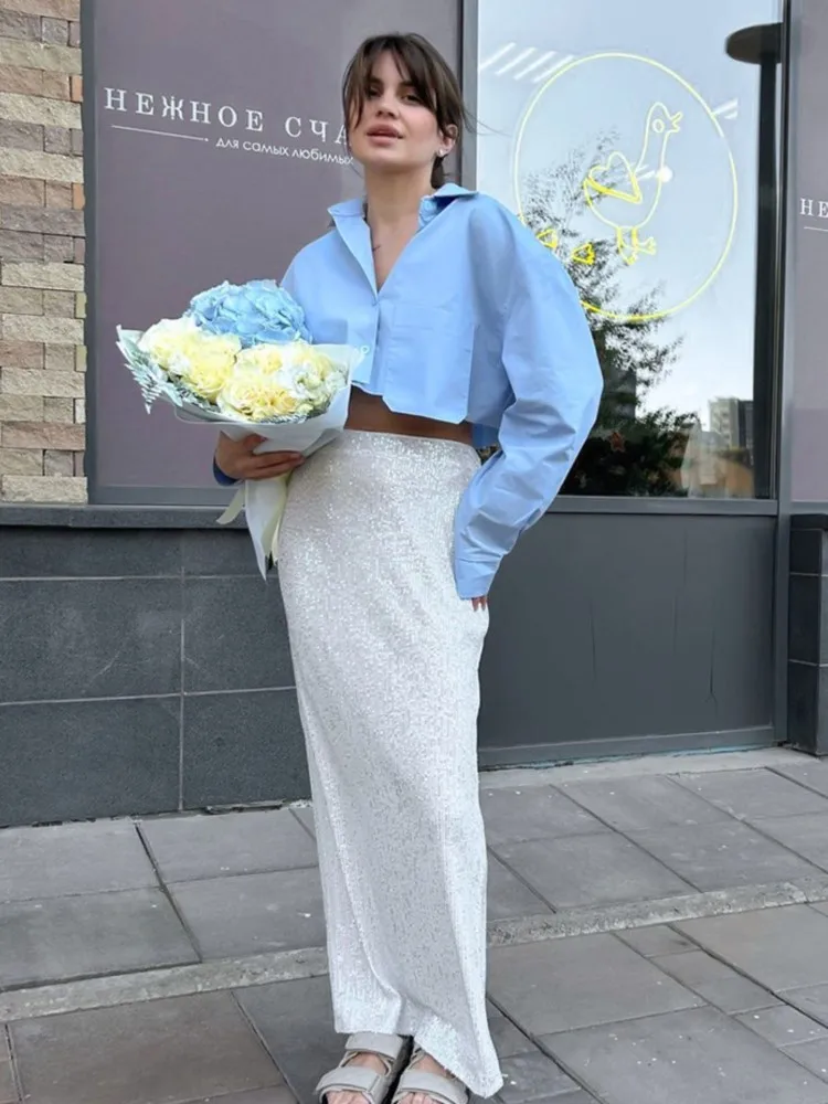 

Женская длинная юбка с блестками, Повседневная однотонная трапециевидная юбка макси с французской подкладкой, с разрезом, Осень-зима 2023