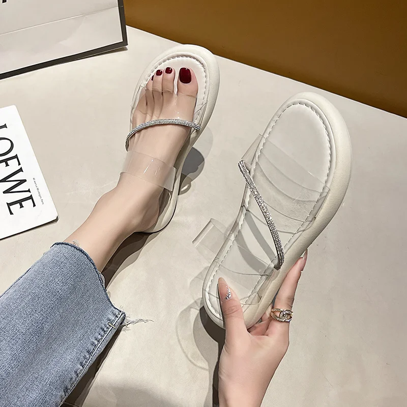 2023 Summer New Round Toe Open Toe Rhinestone Transparent Sexy Women's Slippers for Wearing Comfortable Single Shoe Women