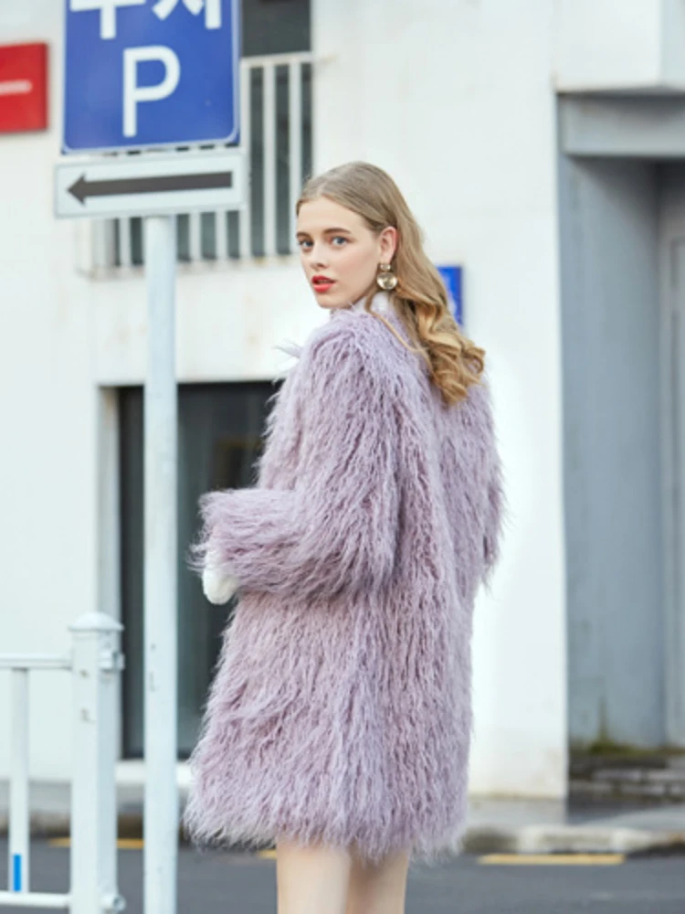 Fashion Faux Fur Wool Mid-length Coat Women 2022 Winter Furry Thick Warm Coats Casual High Street Ladies Outwear
