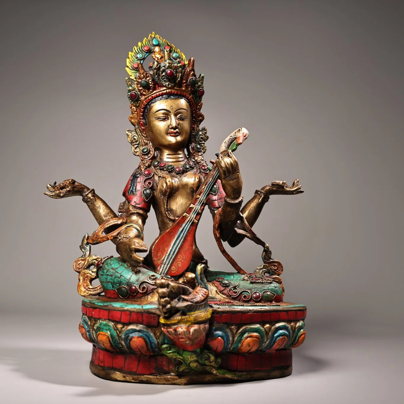 14&quotTibetan Temple Collection Old Bronze Outline in gold Mosaic Gem Four armed Sarasvati Sitting Buddha Worship Hall