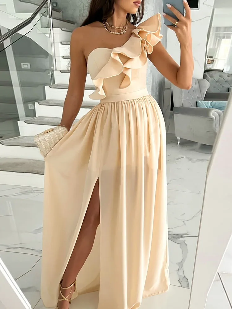 

Summer Sexy Skew Collar Draped Slim Dress Fashion Solid Hollow Out High Split Beach Dress 2021 Women Casual Long Dress Cover-Ups