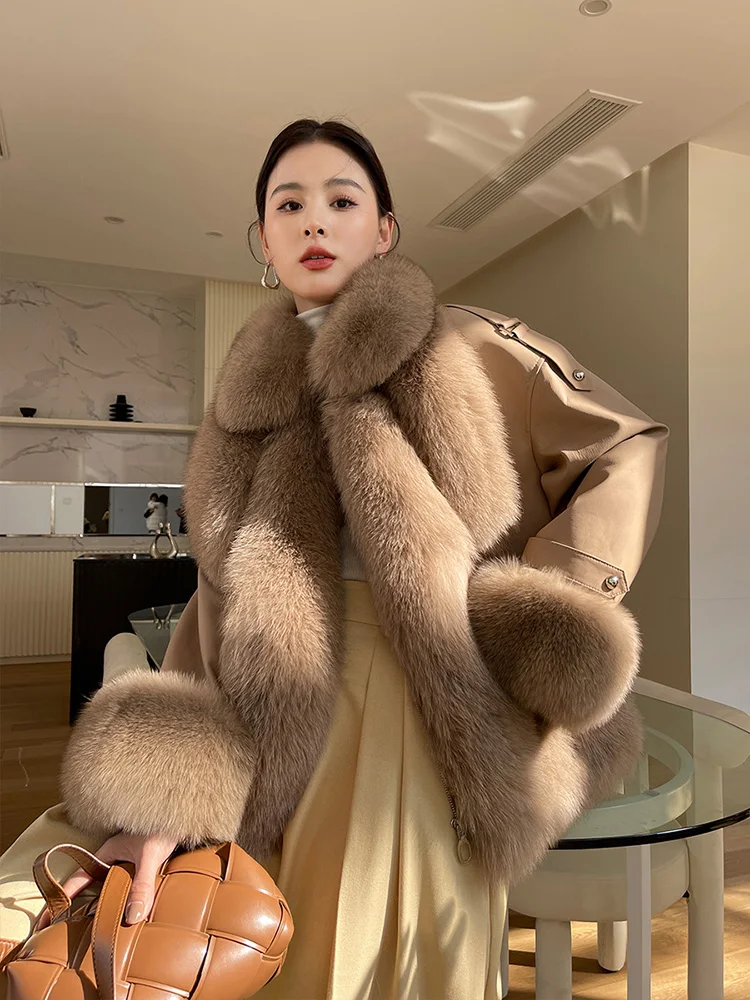 New Women Real Fur Coat Autumn Winter Casual Double-faced Fox Fur Patchwork Sheepskin Fur Jacket Loose Down Liner Outerwear