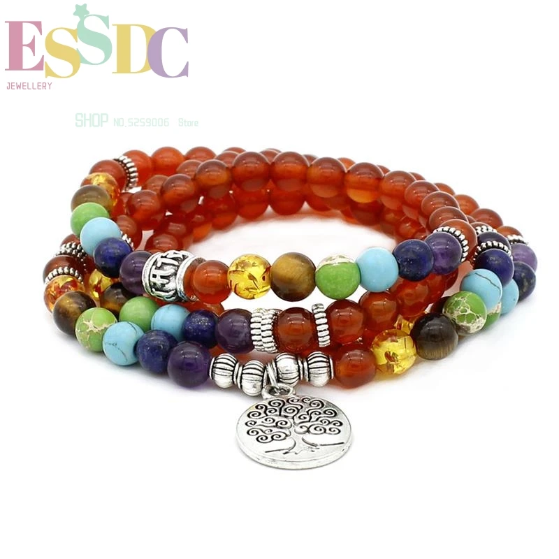 

Wholesale Natural Red Agate 7 Chakra Bracelet 108 Beads Rosary Tree of Life Pendant Accessories