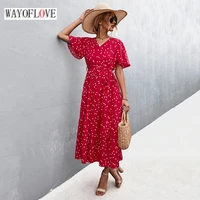 wayoflove summer women dot print folds long dress red holiday casual beach short sleeve vestidos office lady party elegant dress