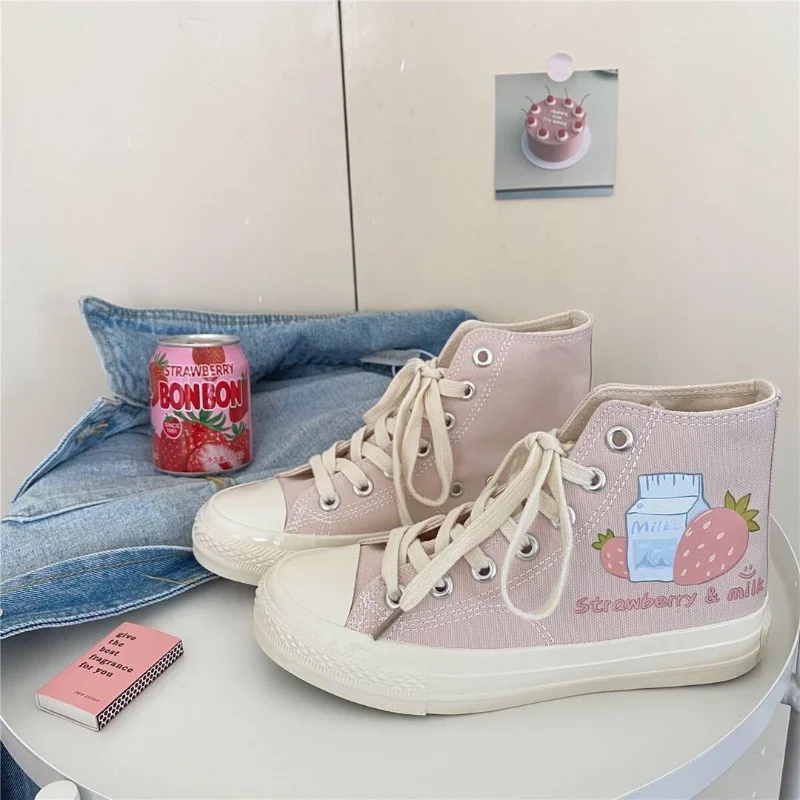 SHANPA Kawaii Strawberry Milk Print Shoes for Women Korean Fashion Student Winter High Top Canvas Casual Shoes Zapatillas Mujer