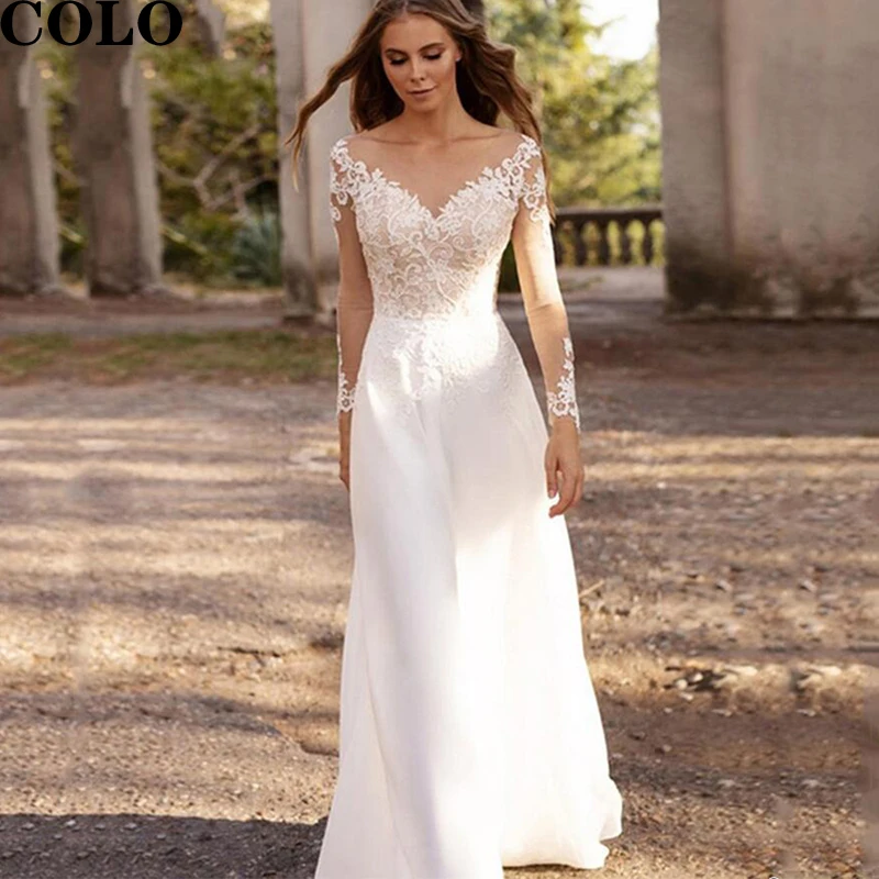 

Boho Classic V-Neck Lace Appliques Long Sleeves Wedding Dress Button Decoration Back Chiffon 2022 Design Delicate Appliques