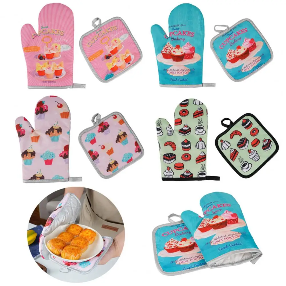

1 Set Great Cooking Mitt Durable Protective Cartoon Printing Cooking Baking Mitt Heat Insulated Pad