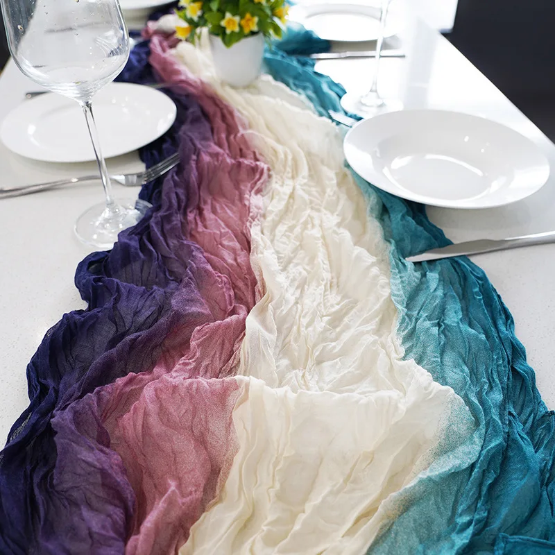

Gauze Table Runner Mixed Color Bandhnu Pleated Table Setting for Wedding Party Christmas Banquets Arches Cake Decor Table Runner