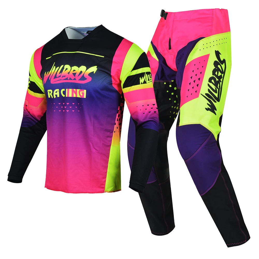 Willbros MX Jersey Pants Combo Motocross Racing Downhill Pink Yellow Gear Set Bike Off-road Enduro MTB ATV DH Outfit