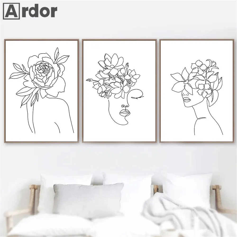 

Black And White Line Flower Women Body Face Wall Art Canvas Painting Abstract Poster Nordic Print Wall Pictures Bedroom Decor