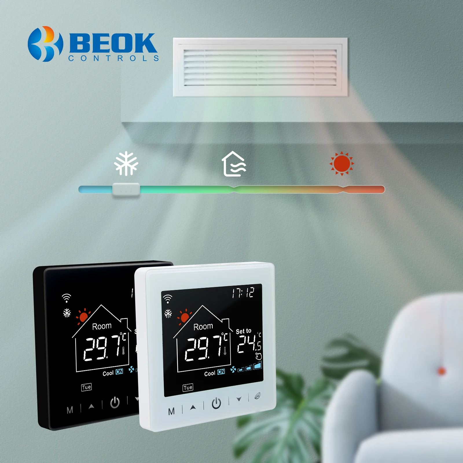 Beok 2-Pipe Fan Coil Thermostat HVAC  for Air Conditionner Heating/Ventilation/Cooling Wifi Tuya Smart Temperature Controller