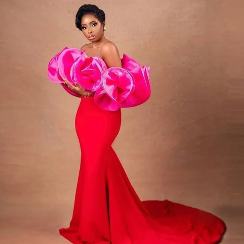 

Aso Ebi African Off The Shoulder Prom Dresses Ruched Satin Mermaid Evening Party Gowns Dubai Robe De Soiree Sweep Train