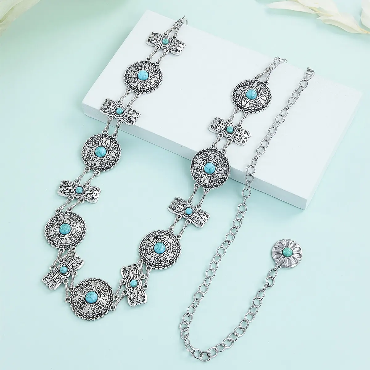 Fashion  Alloy Ethnic Conchos with Turquoises Decor Chain Belts for Women