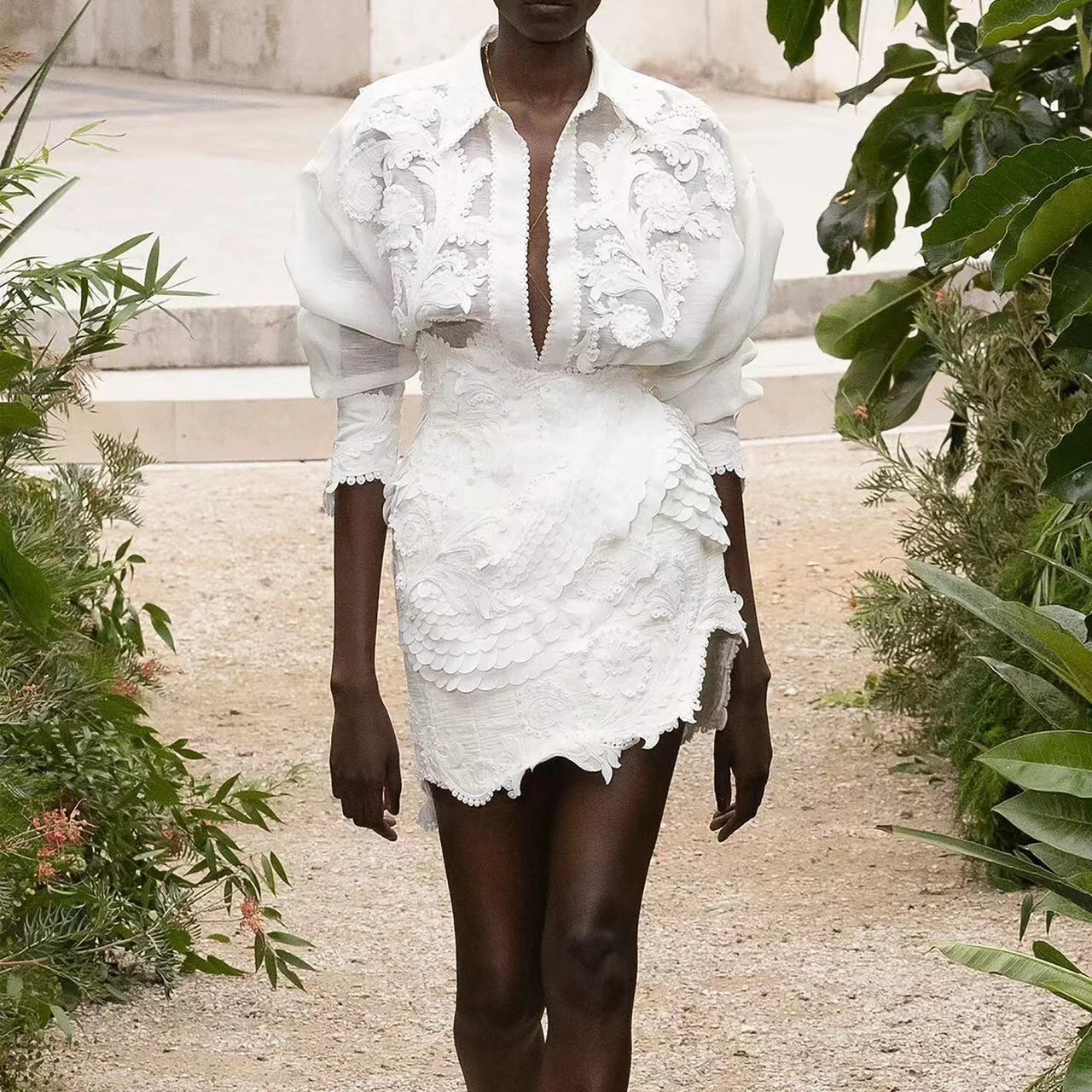 

Preorder 2023 Top Quality Solid White Embroidery Hook Flower Hollow Patchwork Blouse Asymmetrical Mini Skirt Matching Set Lady