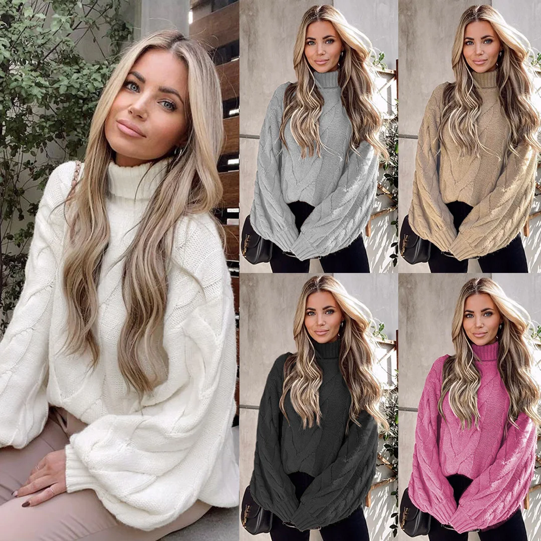 

YingShiTong Big Yards Female Thick Sweater Horn Sleeve Head Turtle Neck Twist In Europe And America