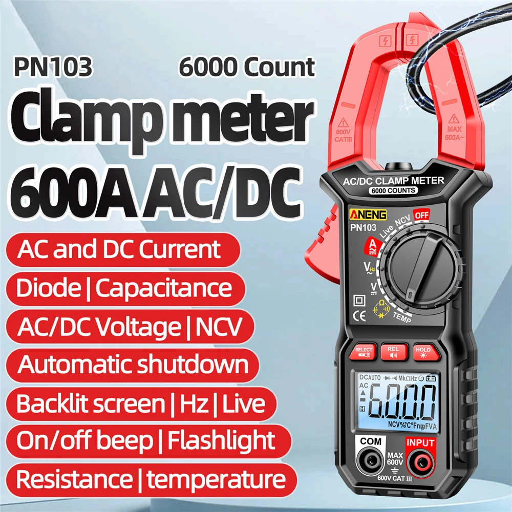 

PN103 DC/AC Current Digital Clamp Meter 6000 Counts True RMS Multimeter Ammeter Voltage Tester Car Amp Capacitance NCV Ohm Test