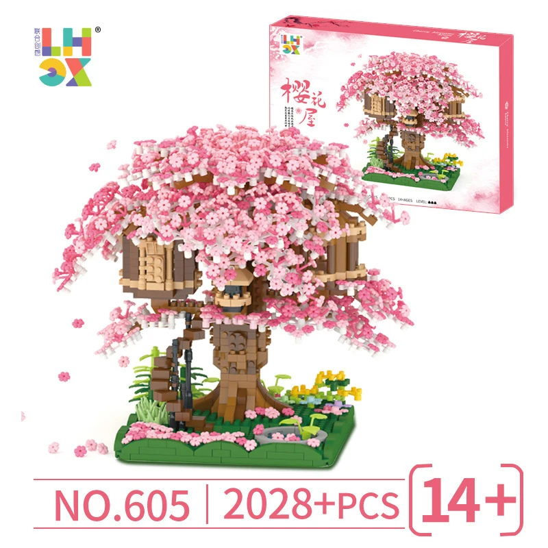 Фото 3D строительный блок Mirco Sakura Flower Treehouse, креативный уличный вид, вишневый цвет, декор «сделай сам», кирпичи, подарок на день Святого Валентина, игрушки №3