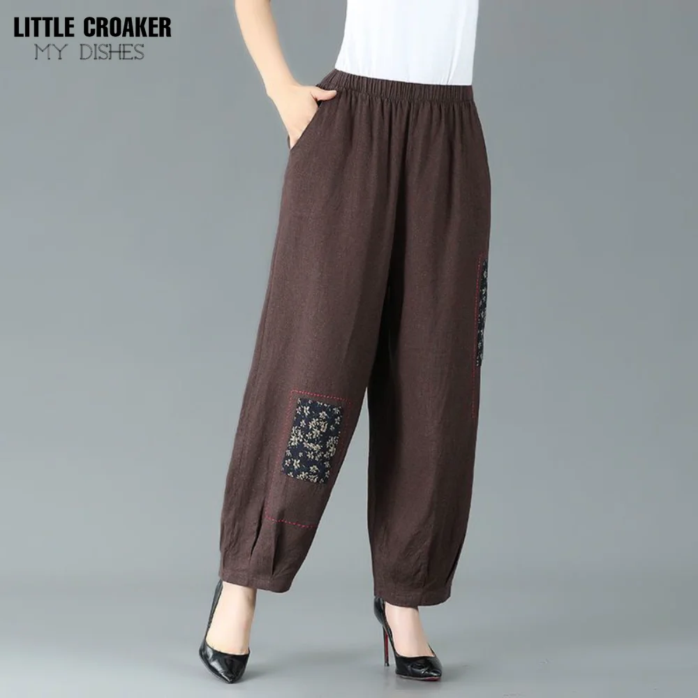 

Lantern Women's Summer Cotton Linen Casual Middle-aged and Elderly Ethnic Style Embroidered Harun Slim and Loose Radish Pants