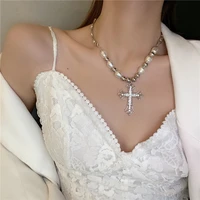 ins style new hip hop retro pearl necklace for women punk simple dark wind cross pendant exaggerated temperament jewelry gifts