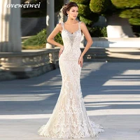 mermaid lace wedding dresses spaghetti straps wedding gown trumpet v neck bridal gown backless elegant bridal dress vestidos
