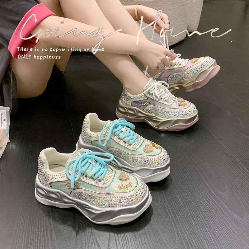 

Spring And Autumn College Style Fashion Hot Sale Lace-Up Platform Rhinestone Ladies Casual Sneakers Comfortable Large Size 35-40