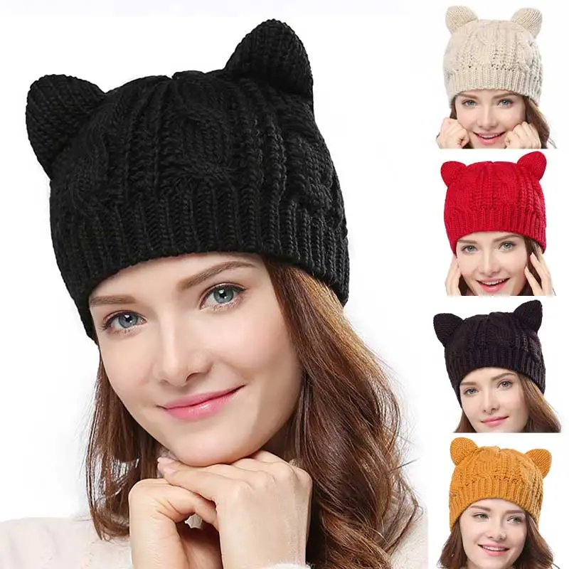 

Women's Knitted Caps with Cat Ears Lovely Warm Women Beanies Crochet Hats Hip Hop Cap Winter Camping Hiking Skating Skiing Hat