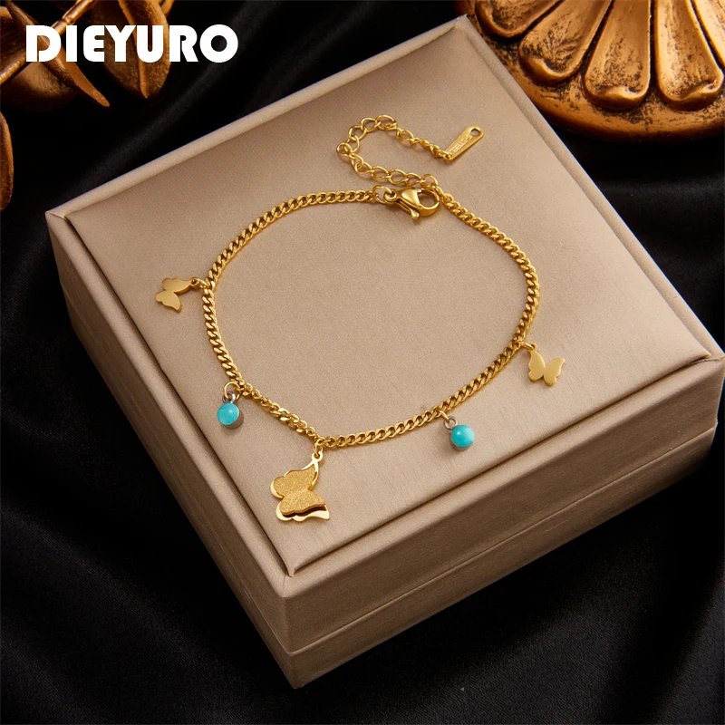

DIEYURO 316L Stainless Steel Green Stone Butterfly Charm Bracelet For Women New Design Gold Color Girls Wrist Jewelry Party Gift