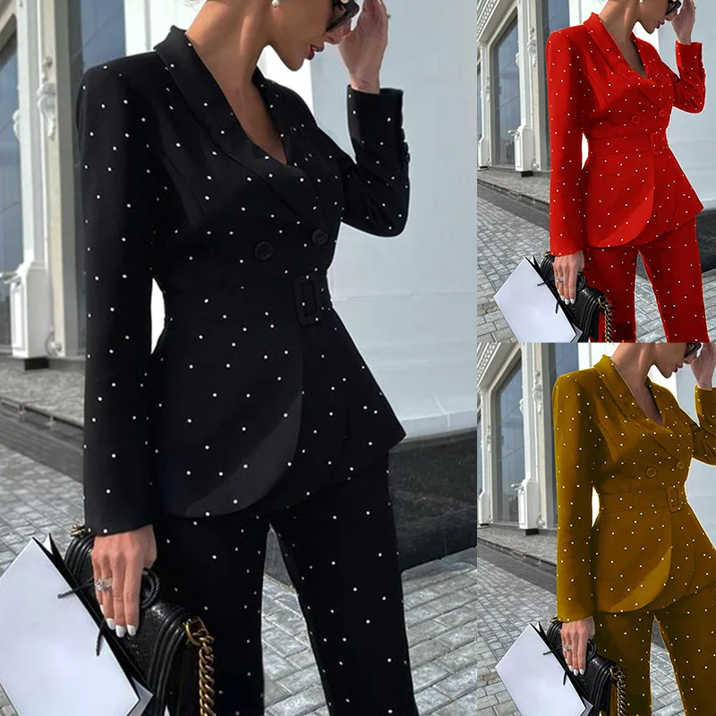 Women's Elegant Blazer Pant suit Black Red Polka Dot Long Sleeve With Belt Work Office Female Casual Jackets 2 Pieces Set