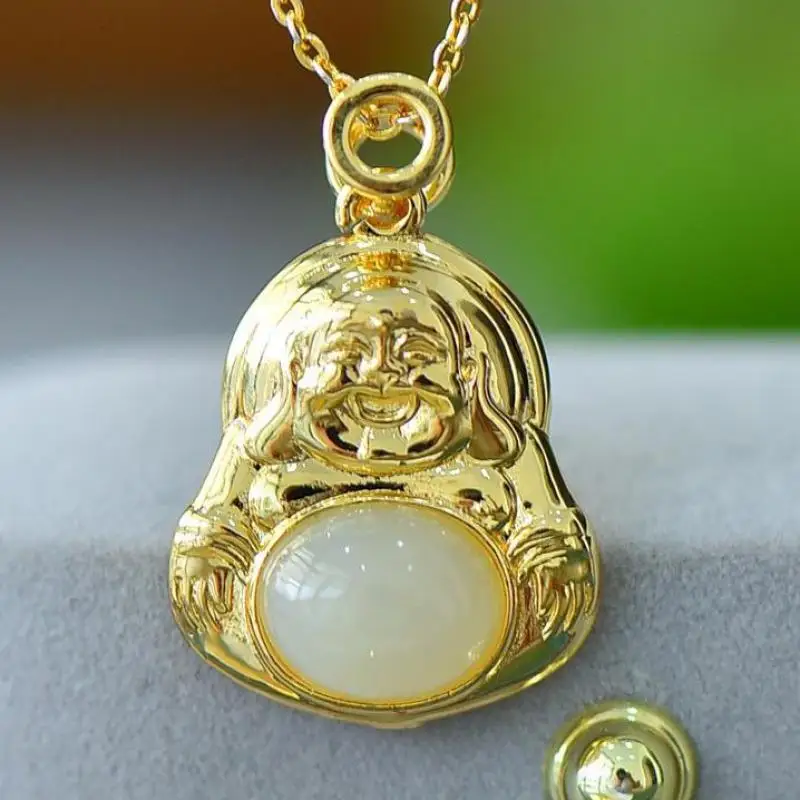 

Ожерелье из натурального белого нефрита и золота с подвеской Будды, Женские Ювелирные изделия, подлинные медные амулеты-талисманы Будды из хэтяня нефрита на удачу