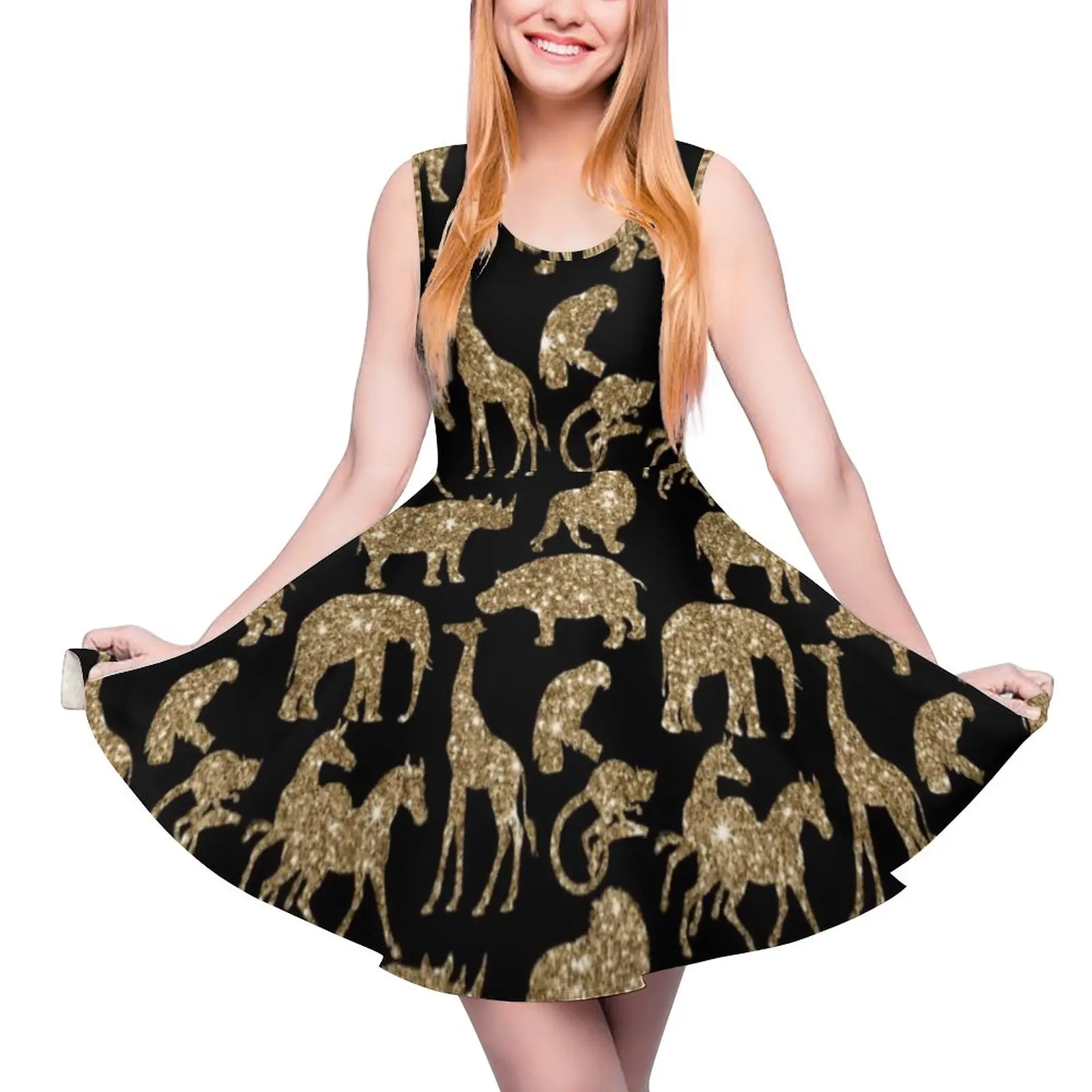 

Wild Animal Dress Golden Glitter Print Trendy Dresses Sleeveless Street Wear Oversize Skate Dress Woman Graphic Vestido