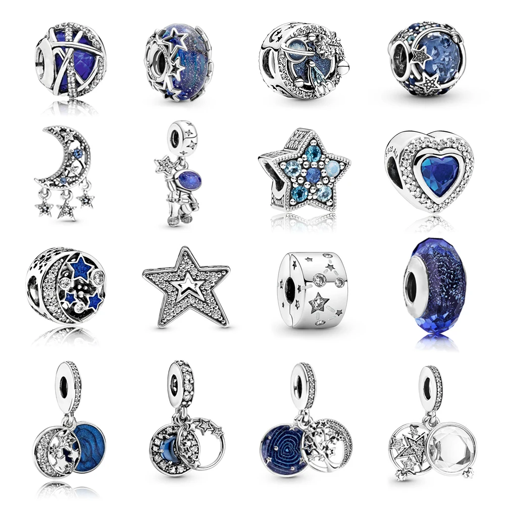 

High quality white copper silver plated interstellar series blue starry moon pendant DIY shining stars astronaut charm beads