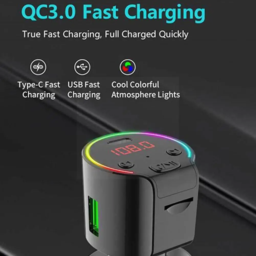 

New Car Bluetooth Compatible Hands-free Card MP3 Player TYPE-C Charging Colorful Car Fast Atmosphere Charge QC3 Charger Lig S8W1